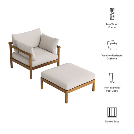 Eleni 2-Piece Outdoor Patio Teak Wood Armchair and Ottoman Set in Natural Sail