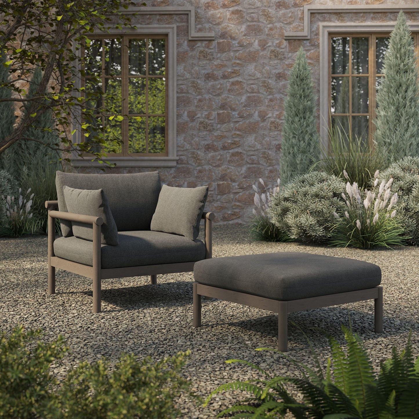 Lyric 2-Piece Outdoor Patio Teak Wood Armchair and Ottoman Set in Weathered Gray Flint
