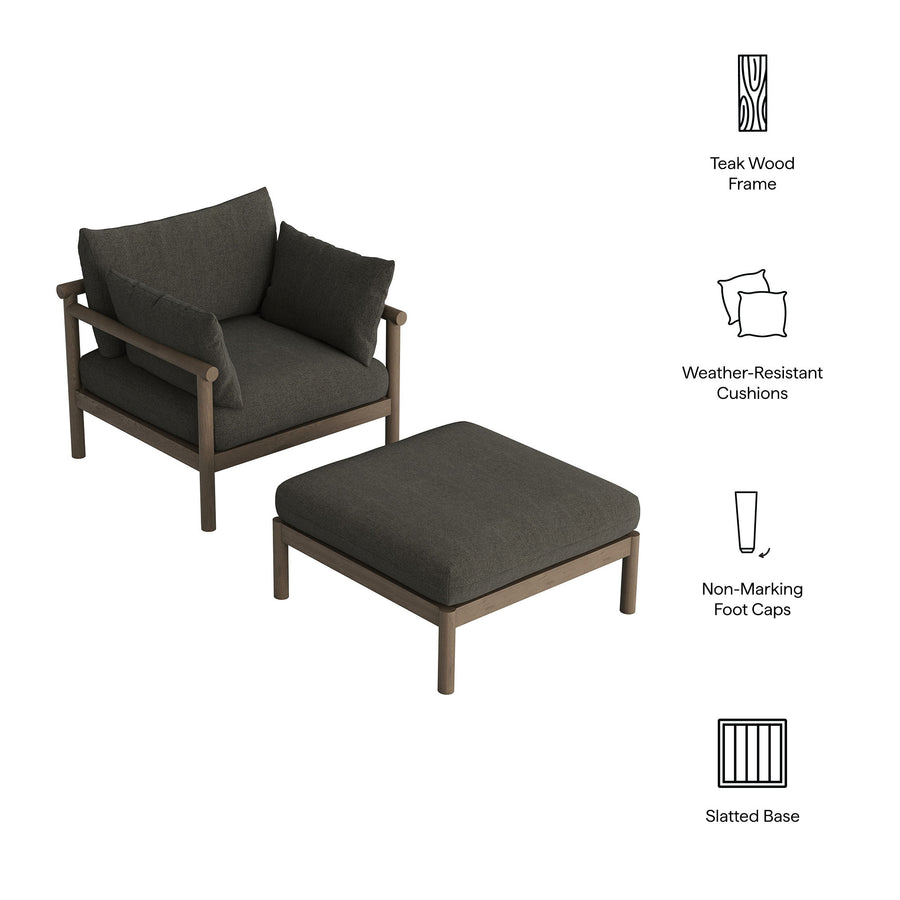 Lyric 2-Piece Outdoor Patio Teak Wood Armchair and Ottoman Set in Weathered Gray Flint