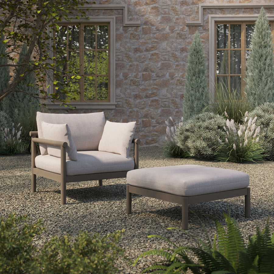 Lyric 2-Piece Outdoor Patio Teak Wood Armchair and Ottoman Set in Weathered Gray Pebble