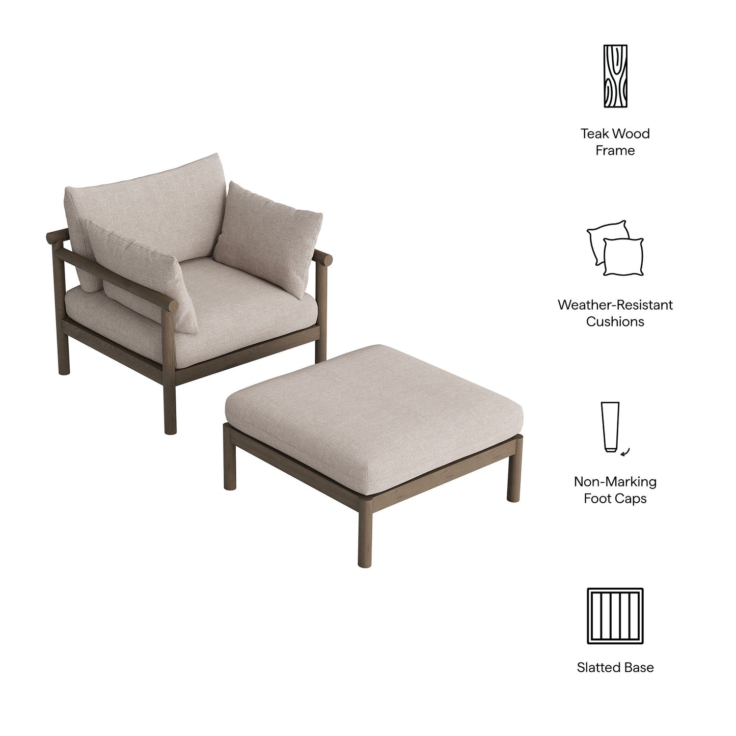 Lyric 2-Piece Outdoor Patio Teak Wood Armchair and Ottoman Set in Weathered Gray Pebble