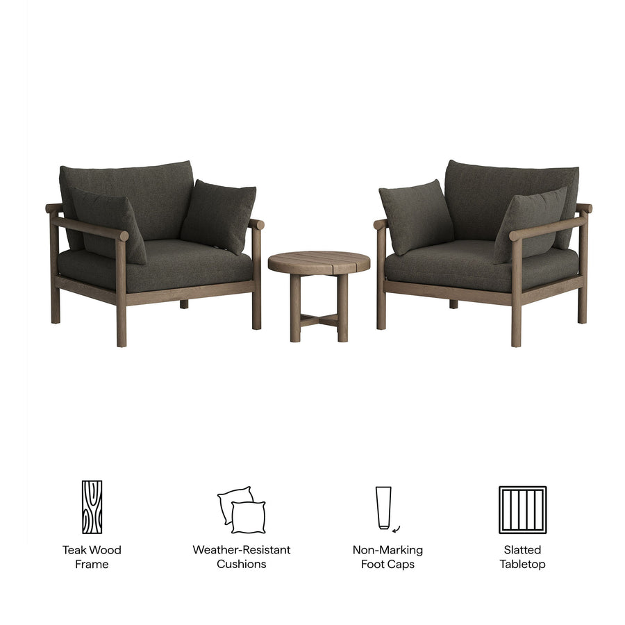 Lyric 3-Piece Outdoor Patio Teak Wood Furniture Set in Weathered Gray Flint