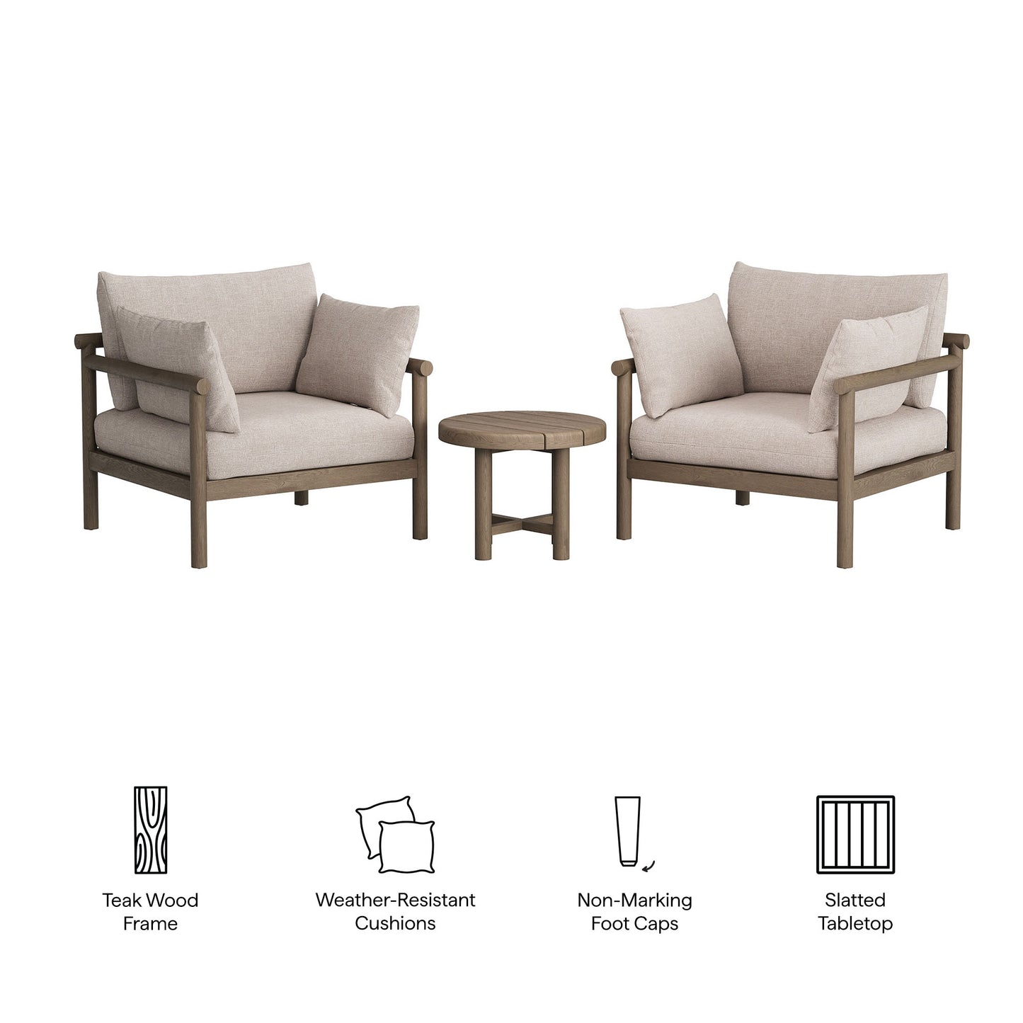 Lyric 3-Piece Outdoor Patio Teak Wood Furniture Set in Weathered Gray Pebble