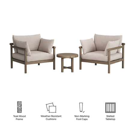Eleni 3-Piece Outdoor Patio Teak Wood Furniture Set in Weathered Gray Pebble