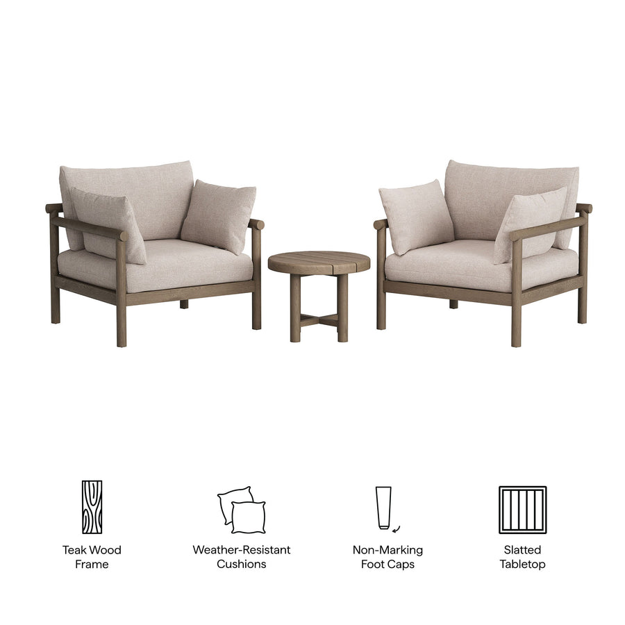 Lyric 3-Piece Outdoor Patio Teak Wood Furniture Set in Weathered Gray Pebble