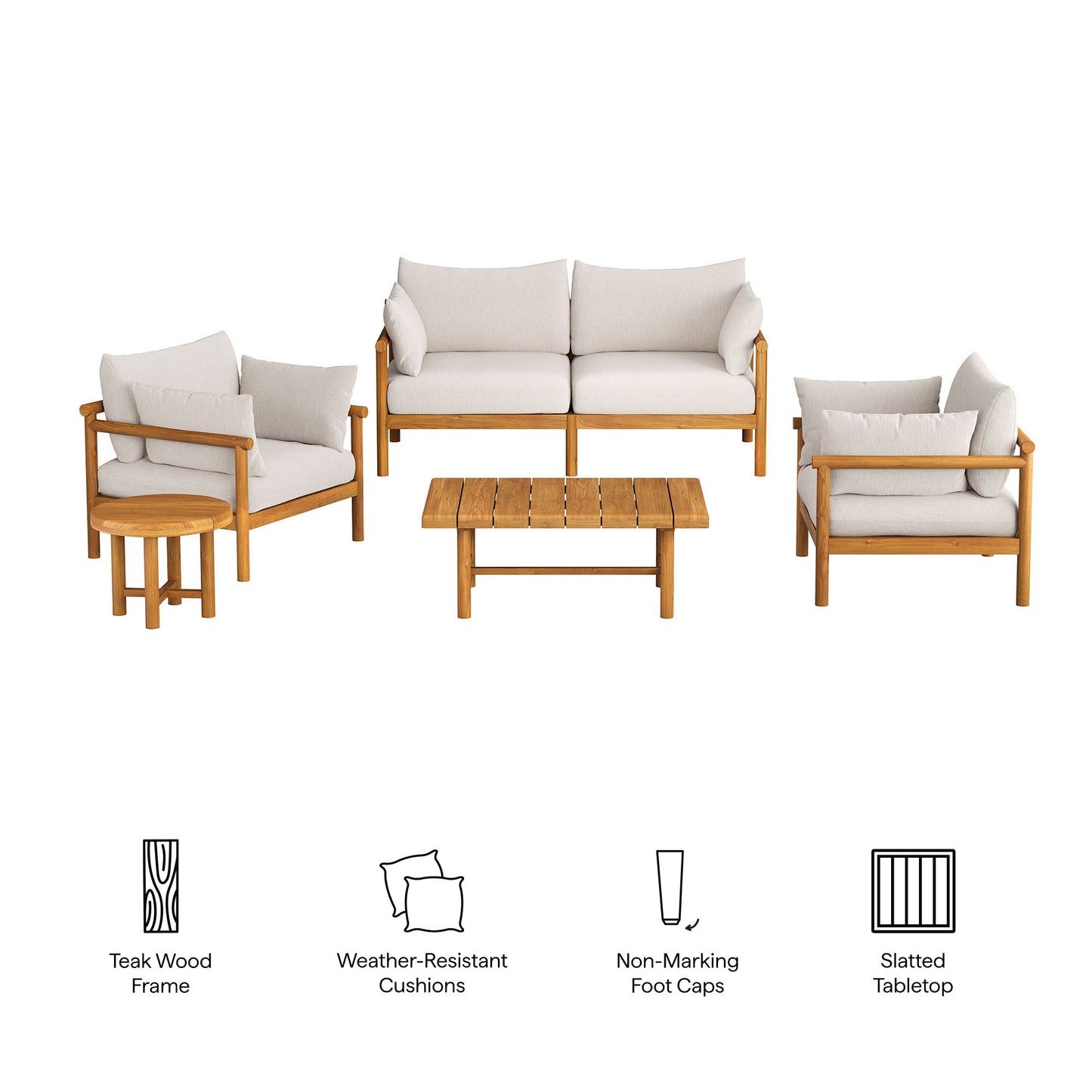 Lyric 5-Piece Outdoor Patio Teak Wood Furniture Set in Natural Sail