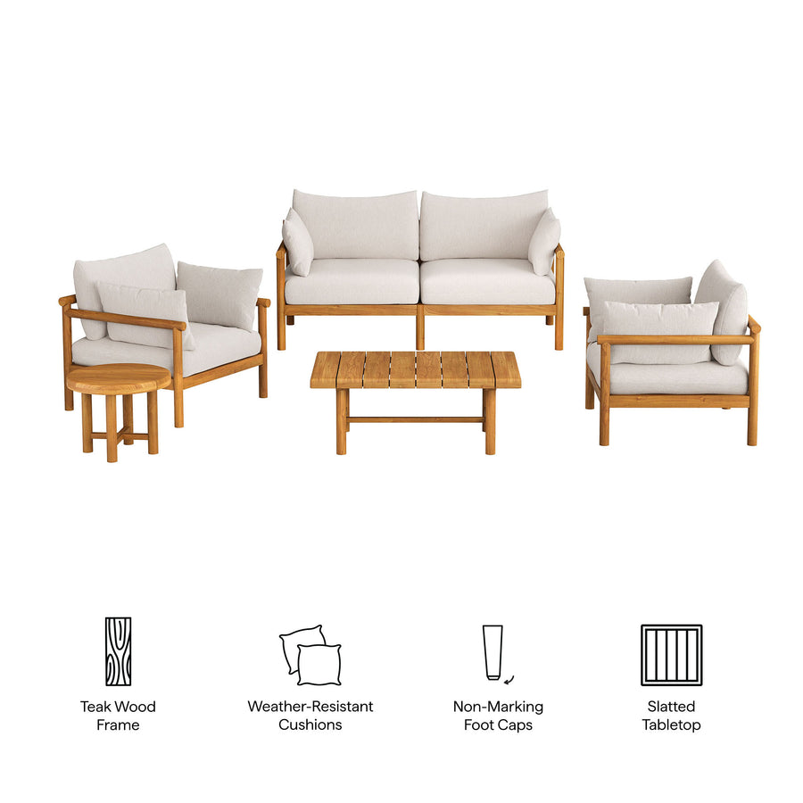 Lyric 5-Piece Outdoor Patio Teak Wood Furniture Set in Natural Sail