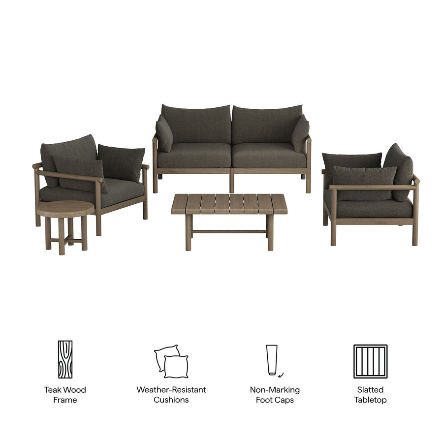 Lyric 5-Piece Outdoor Patio Teak Wood Furniture Set in Weathered Gray Flint
