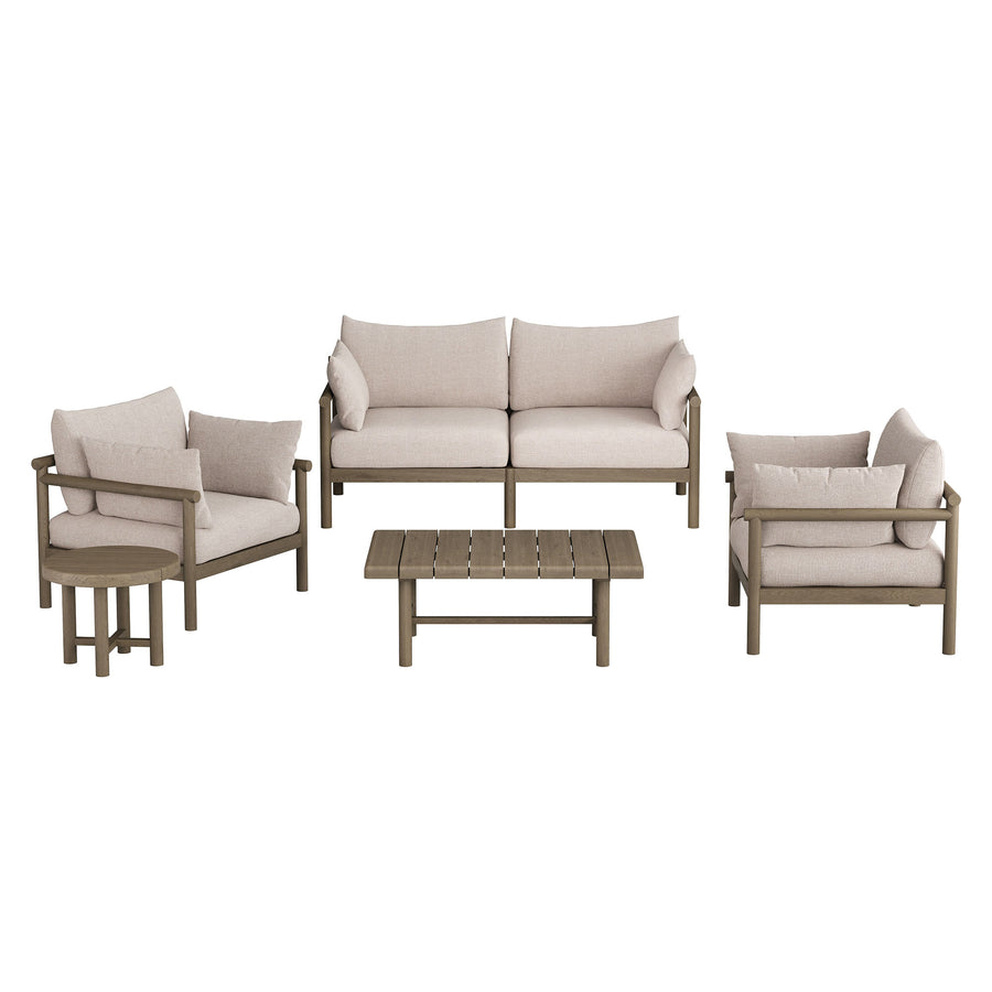 Lyric 5-Piece Outdoor Patio Teak Wood Furniture Set in Weathered Gray Pebble