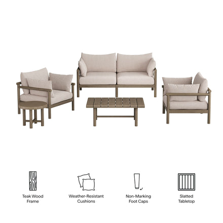 Eleni 5-Piece Outdoor Patio Teak Wood Furniture Set in Weathered Gray Pebble
