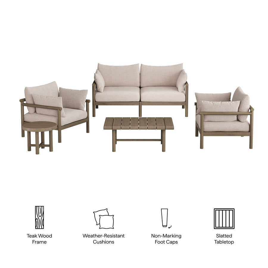 Lyric 5-Piece Outdoor Patio Teak Wood Furniture Set in Weathered Gray Pebble