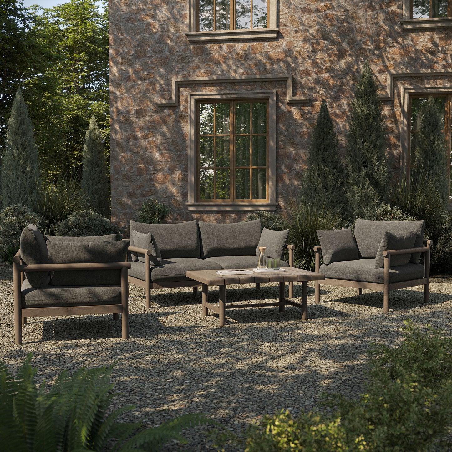 Lyric 4-Piece Outdoor Patio Teak Wood Sofa Set in Weathered Gray Flint