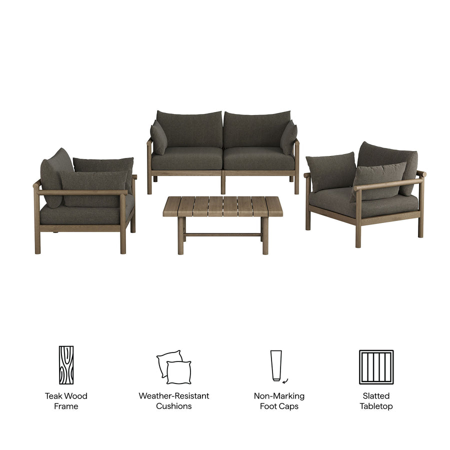 Lyric 4-Piece Outdoor Patio Teak Wood Sofa Set in Weathered Gray Flint