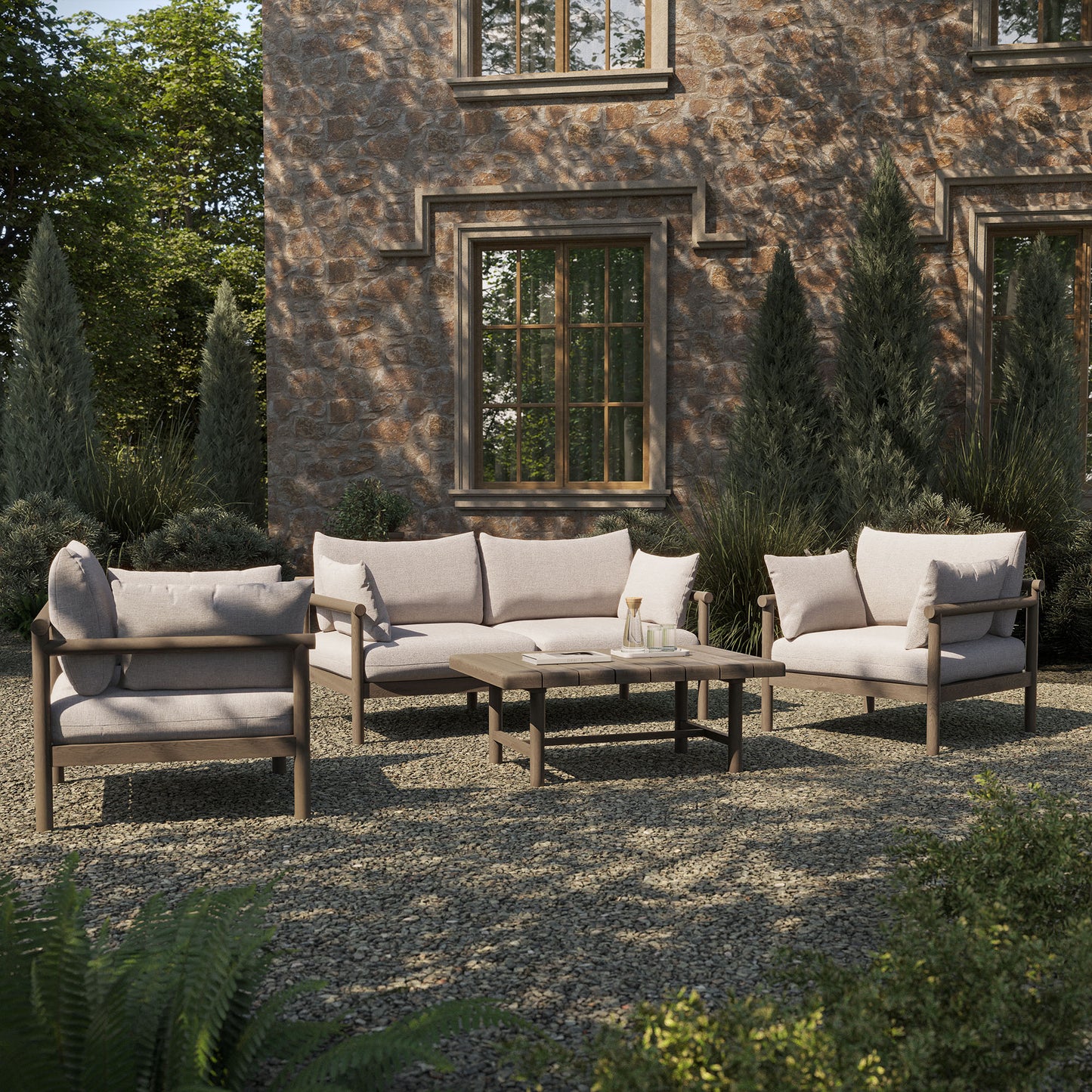 Lyric 4-Piece Outdoor Patio Teak Wood Sofa Set in Weathered Gray Pebble