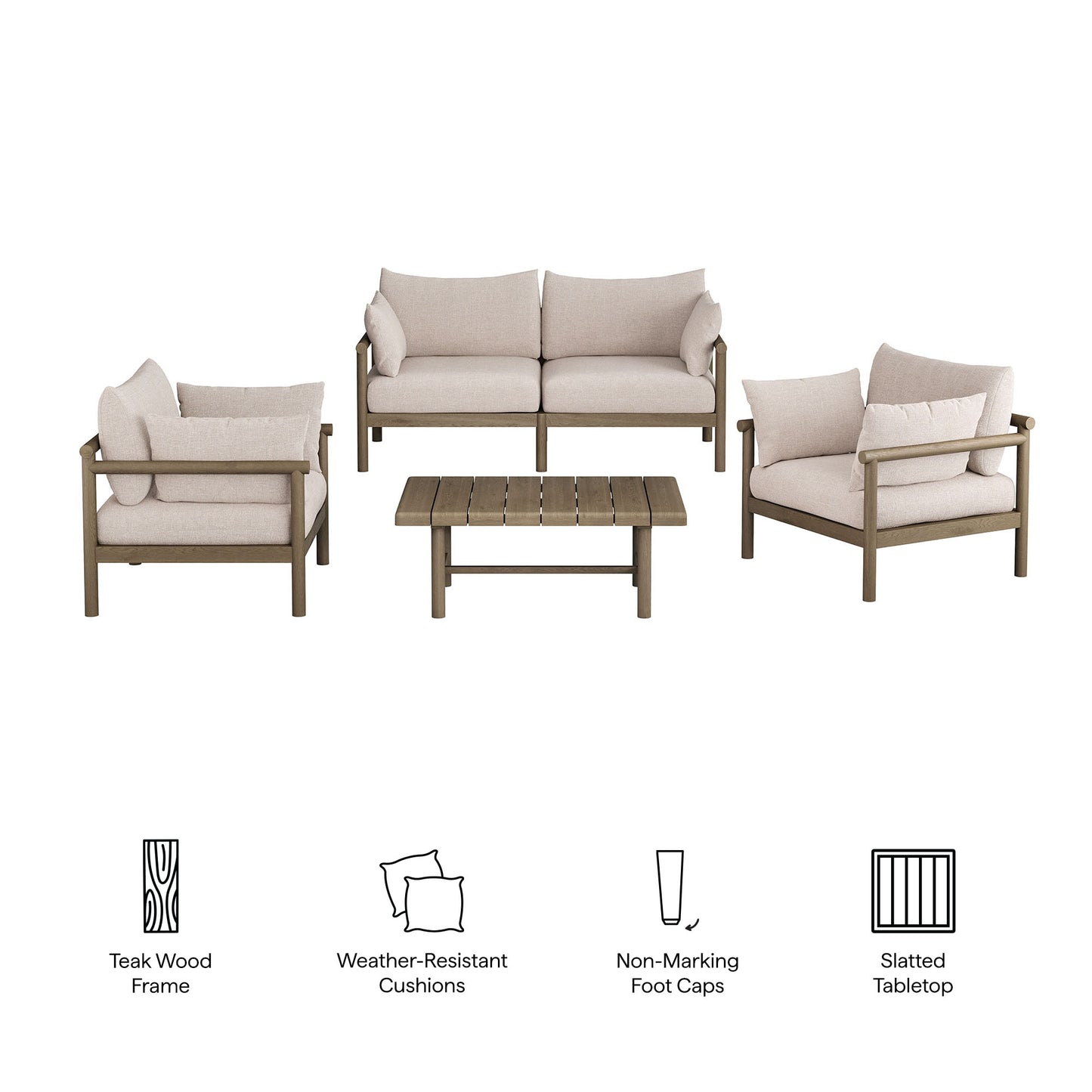Lyric 4-Piece Outdoor Patio Teak Wood Sofa Set in Weathered Gray Pebble