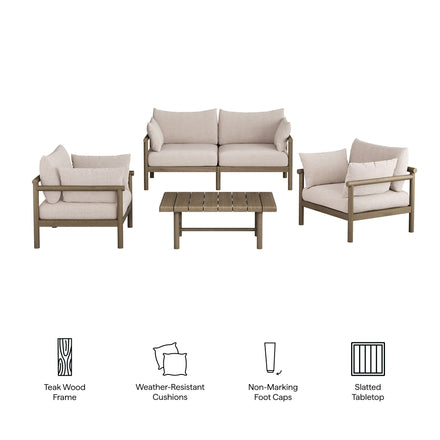 Eleni 4-Piece Outdoor Patio Teak Wood Sofa Set in Weathered Gray Pebble