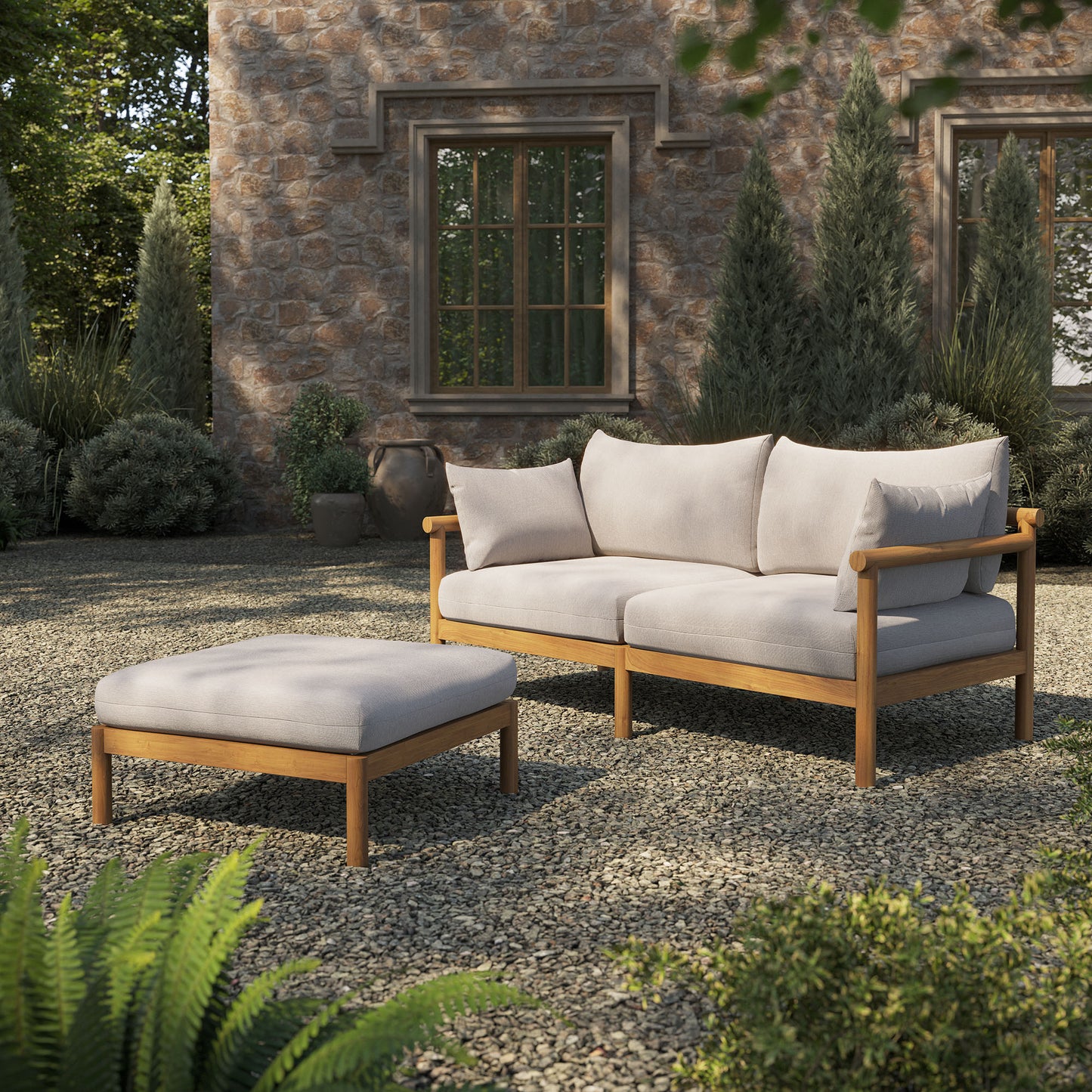 Lyric 2-Piece Outdoor Patio Teak Wood Loveseat with Ottoman Set in Natural Sail