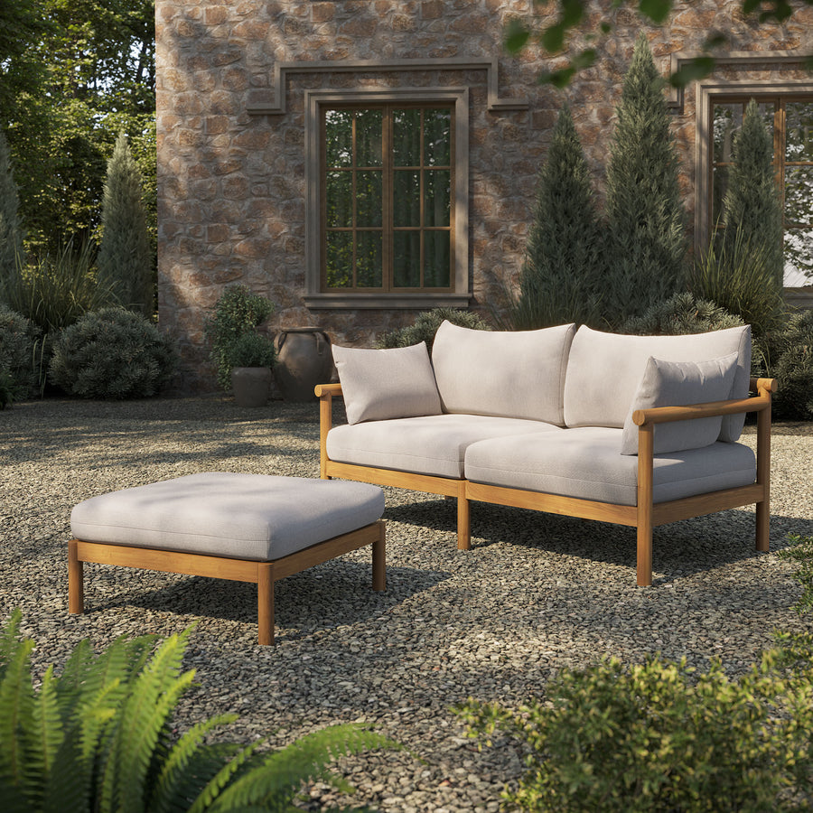 Lyric 2-Piece Outdoor Patio Teak Wood Loveseat with Ottoman Set in Natural Sail