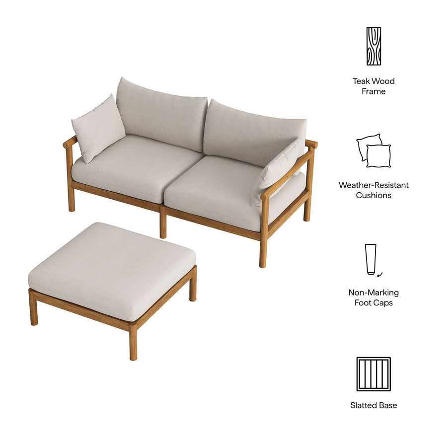Lyric 2-Piece Outdoor Patio Teak Wood Loveseat with Ottoman Set in Natural Sail