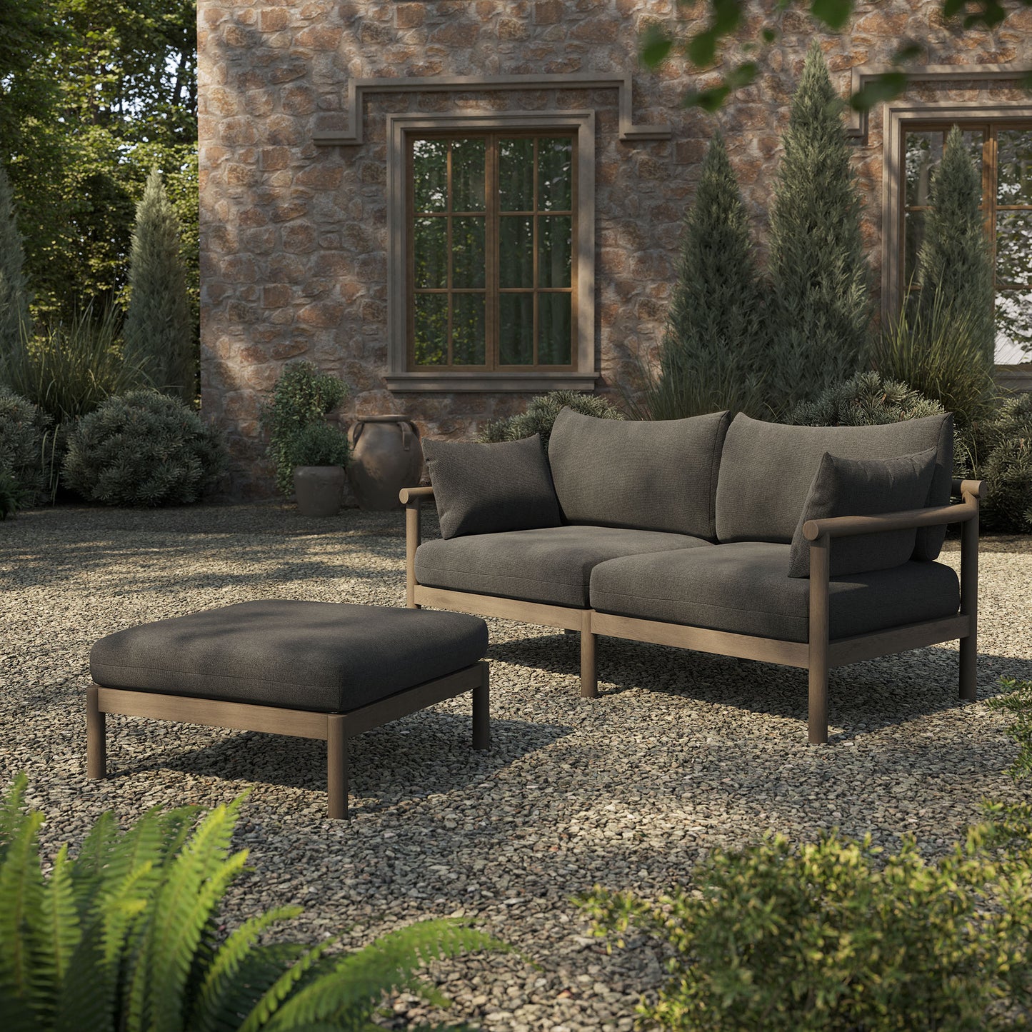 Lyric 2-Piece Outdoor Patio Teak Wood Loveseat with Ottoman Set in Weathered Gray Flint