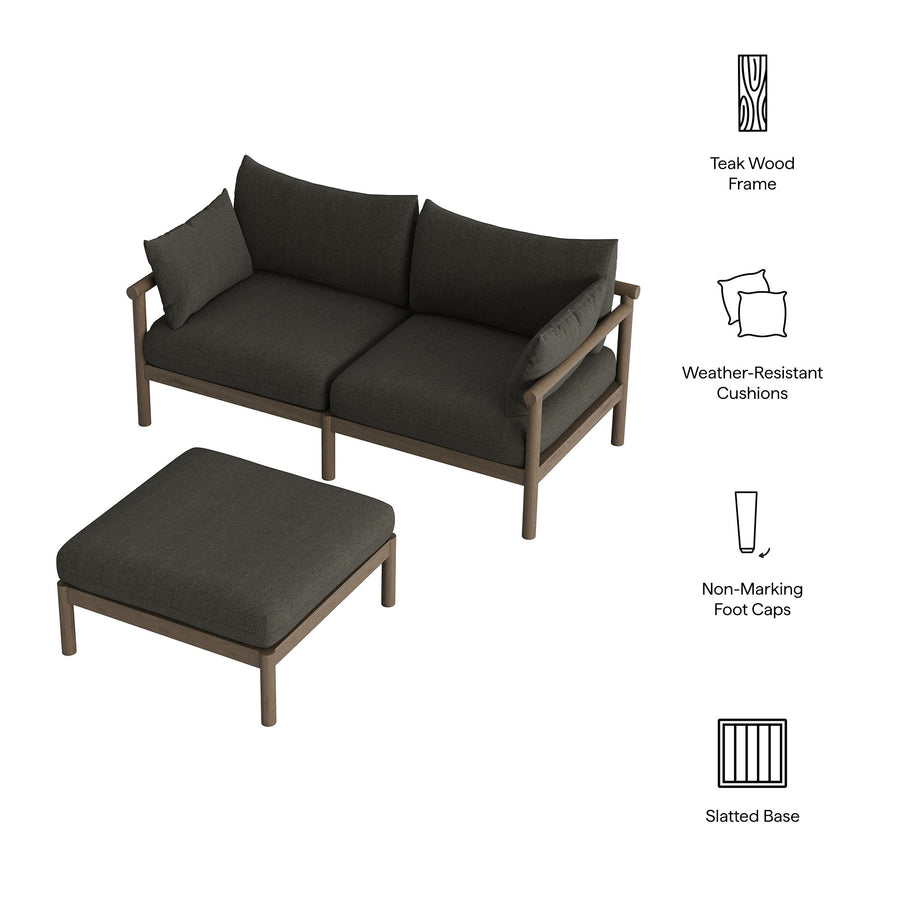Lyric 2-Piece Outdoor Patio Teak Wood Loveseat with Ottoman Set in Weathered Gray Flint