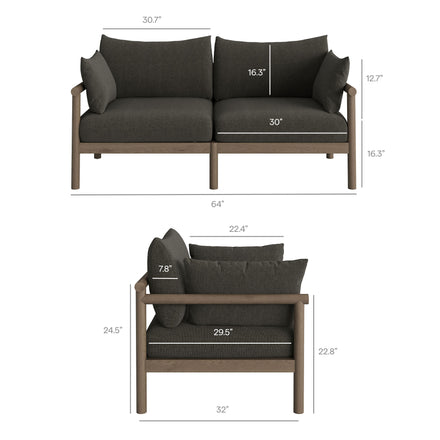 Eleni 2-Piece Outdoor Patio Teak Wood Loveseat with Ottoman Set in Weathered Gray Flint