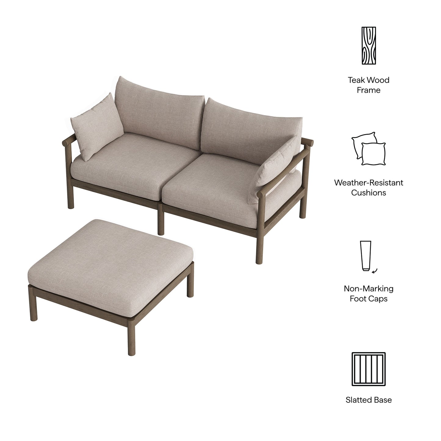 Lyric 2-Piece Outdoor Patio Teak Wood Loveseat with Ottoman Set in Weathered Gray Pebble
