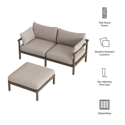 Eleni 2-Piece Outdoor Patio Teak Wood Loveseat with Ottoman Set in Weathered Gray Pebble