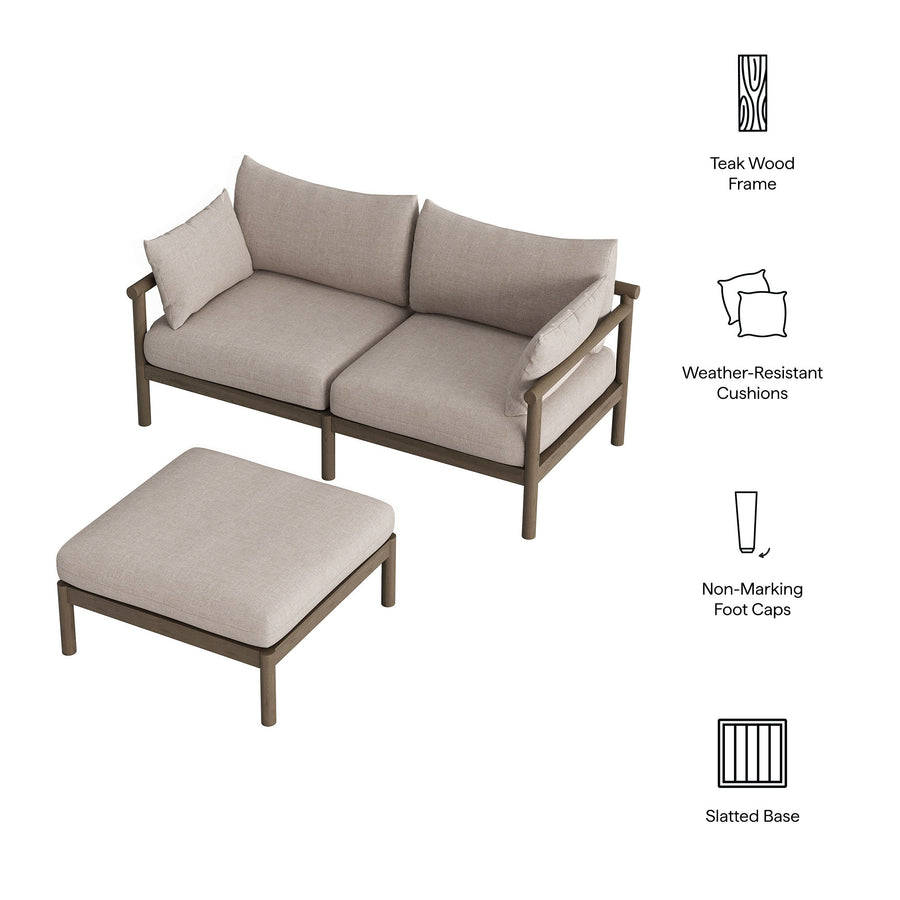Lyric 2-Piece Outdoor Patio Teak Wood Loveseat with Ottoman Set in Weathered Gray Pebble