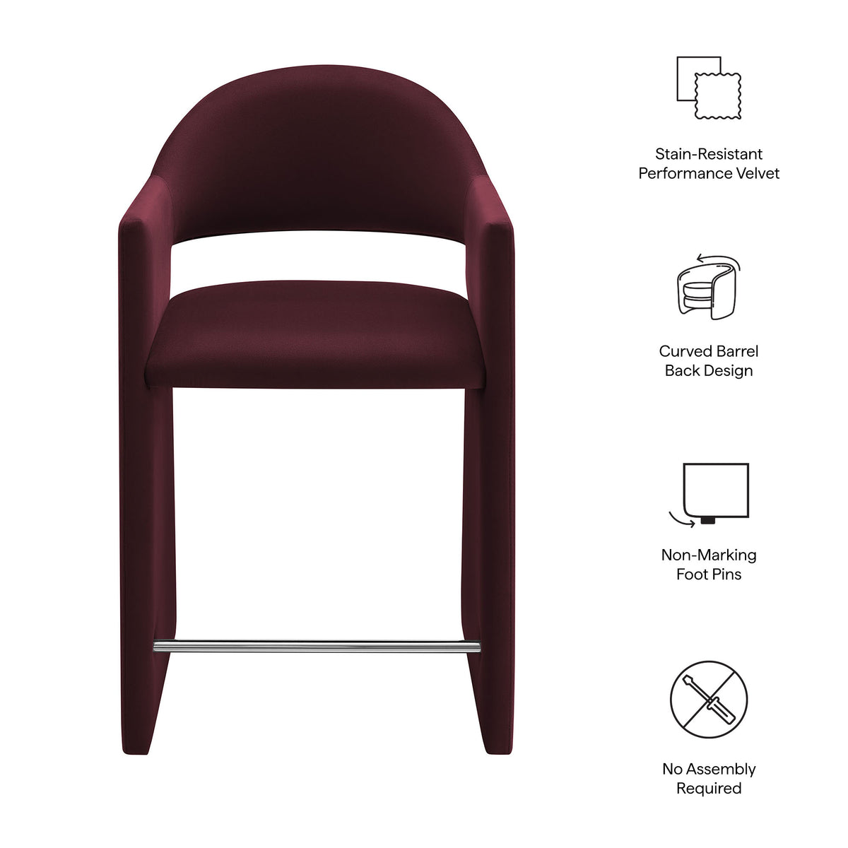 Quartz 37 Inch Performance Velvet Counter Stool in Mulberry