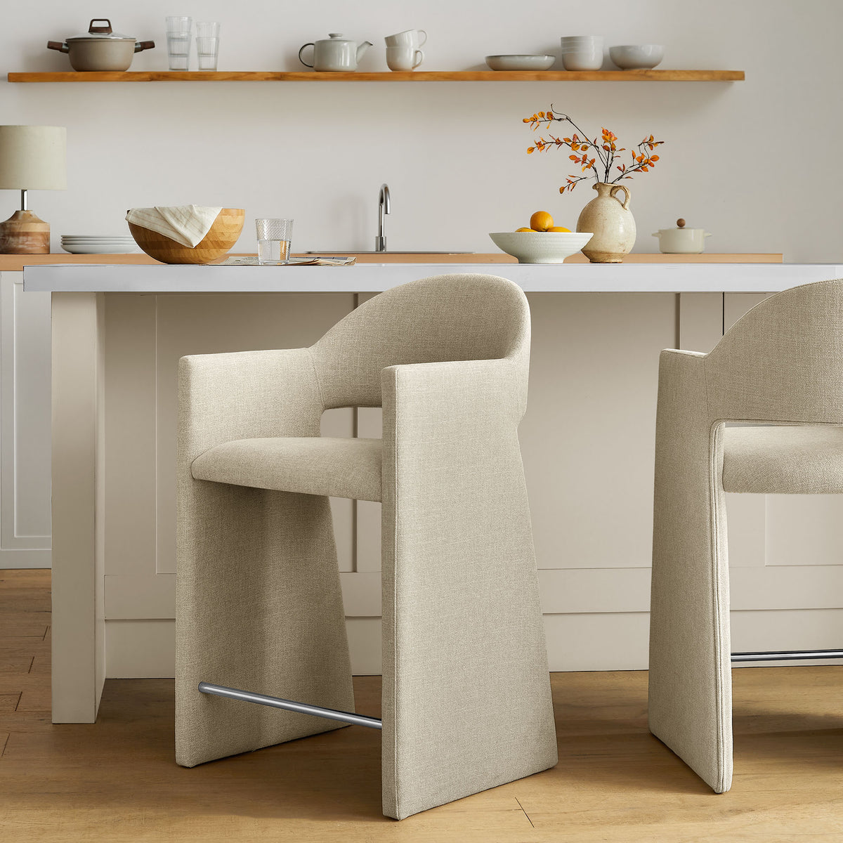 Quartz 37 Inch Upholstered Fabric Counter Stool in Linen