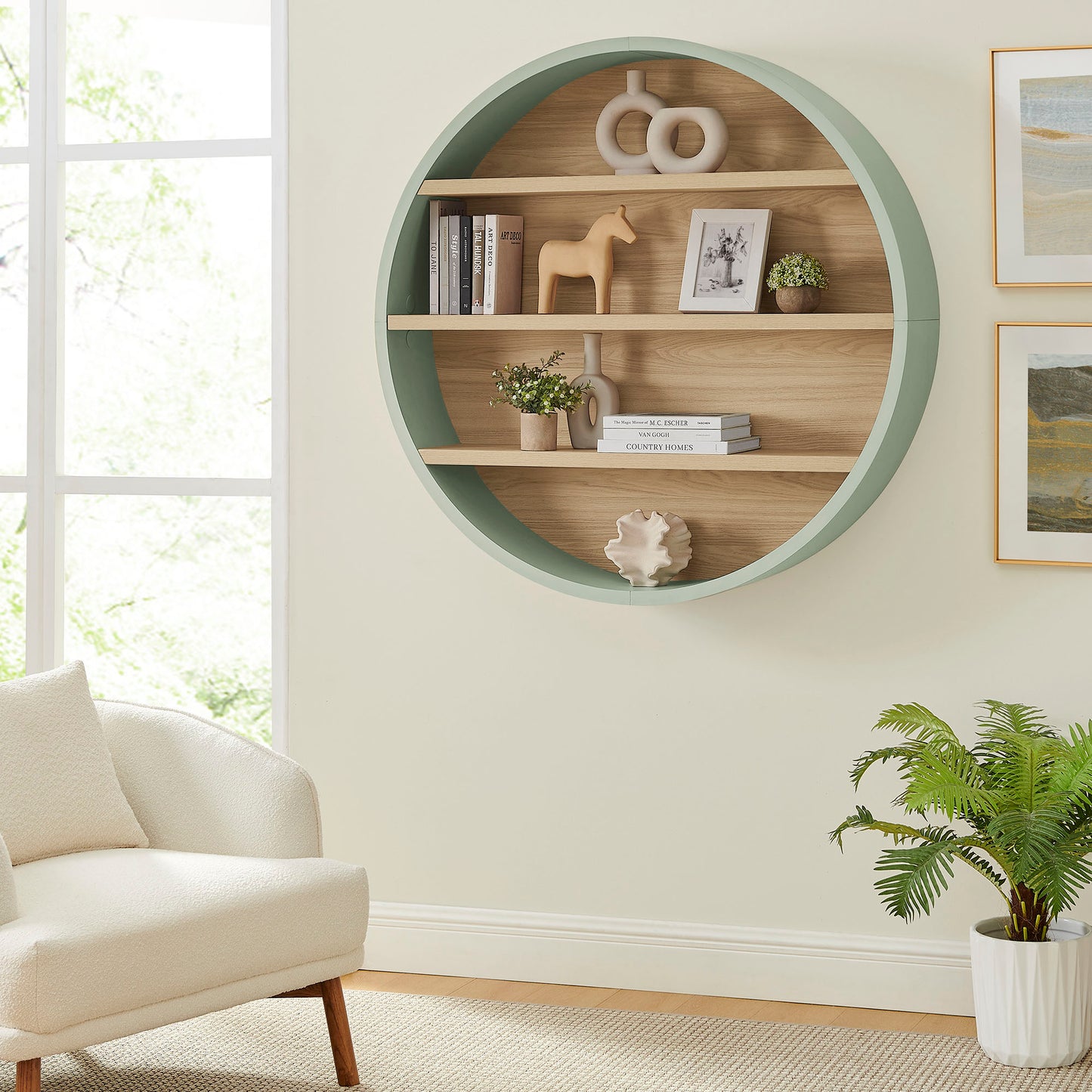 Glengarriff 47" Round Wall Book Shelf in Sage Natural