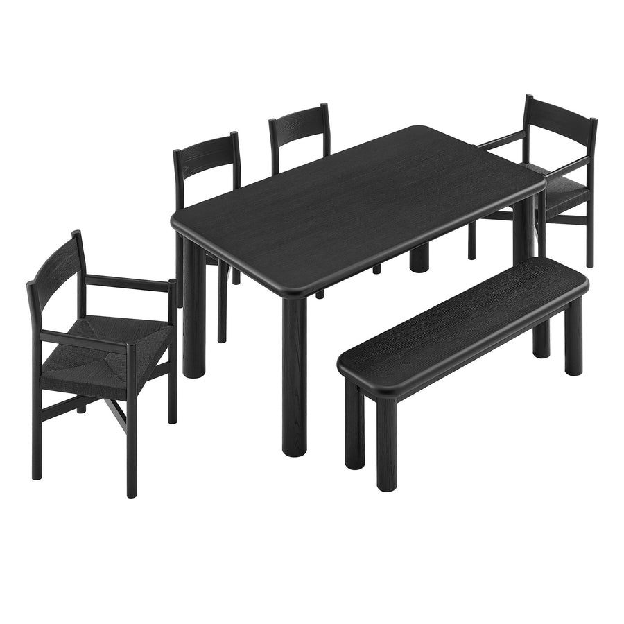 Wells 6-Piece Oak Wood Dining Table and Seating Set in Black