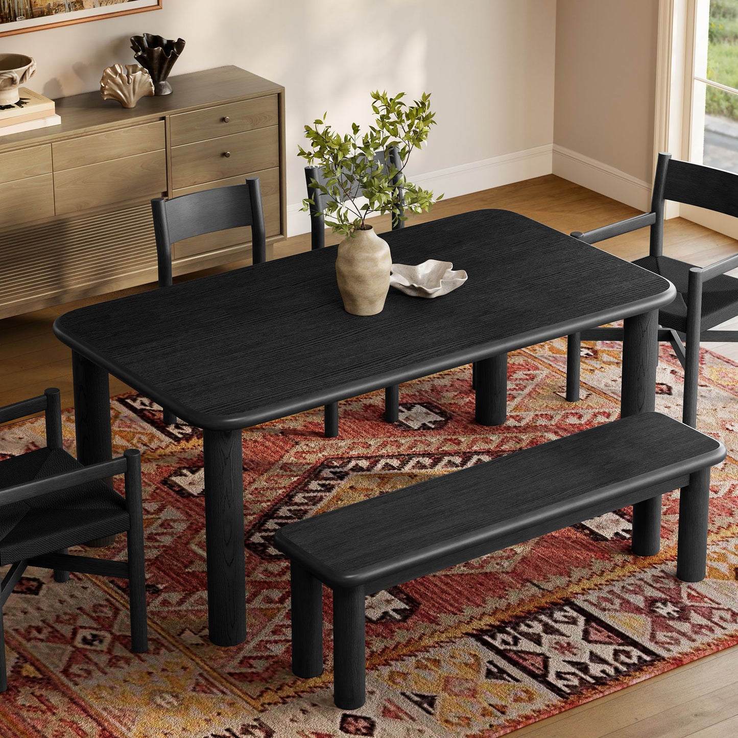 Wells 6-Piece Oak Wood Dining Table and Seating Set in Black