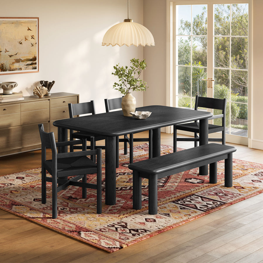 Wells 6-Piece Oak Wood Dining Table and Seating Set in Black