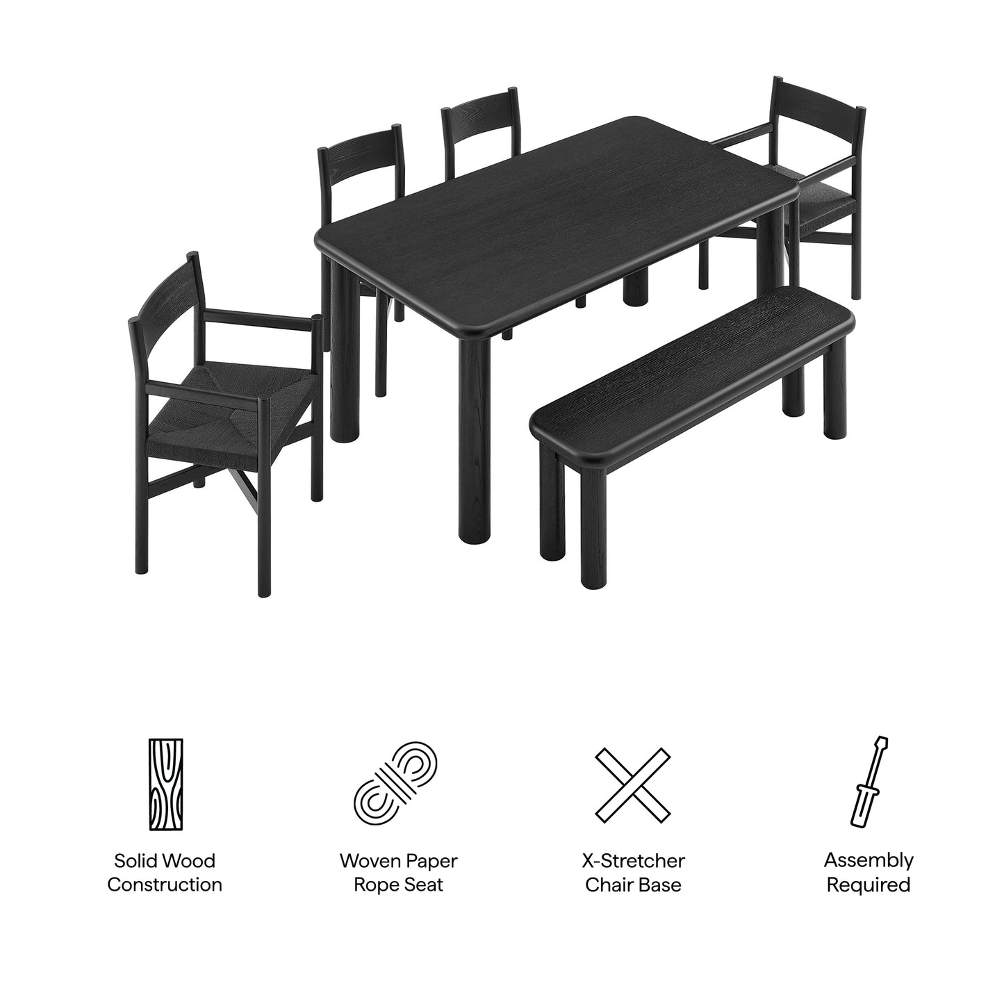 Wells 6-Piece Oak Wood Dining Table and Seating Set in Black