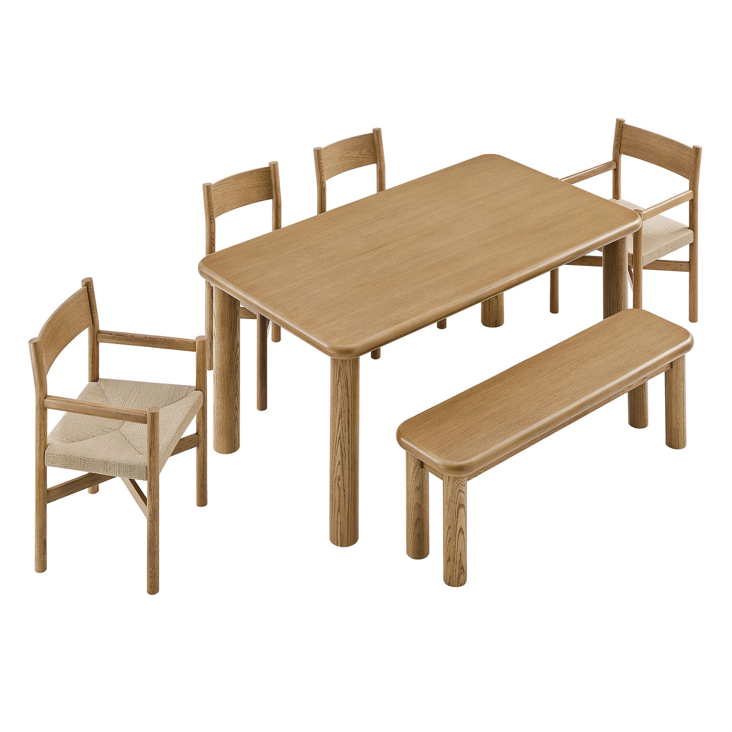 Wells 6-Piece Oak Wood Dining Table and Seating Set in Weathered Oak