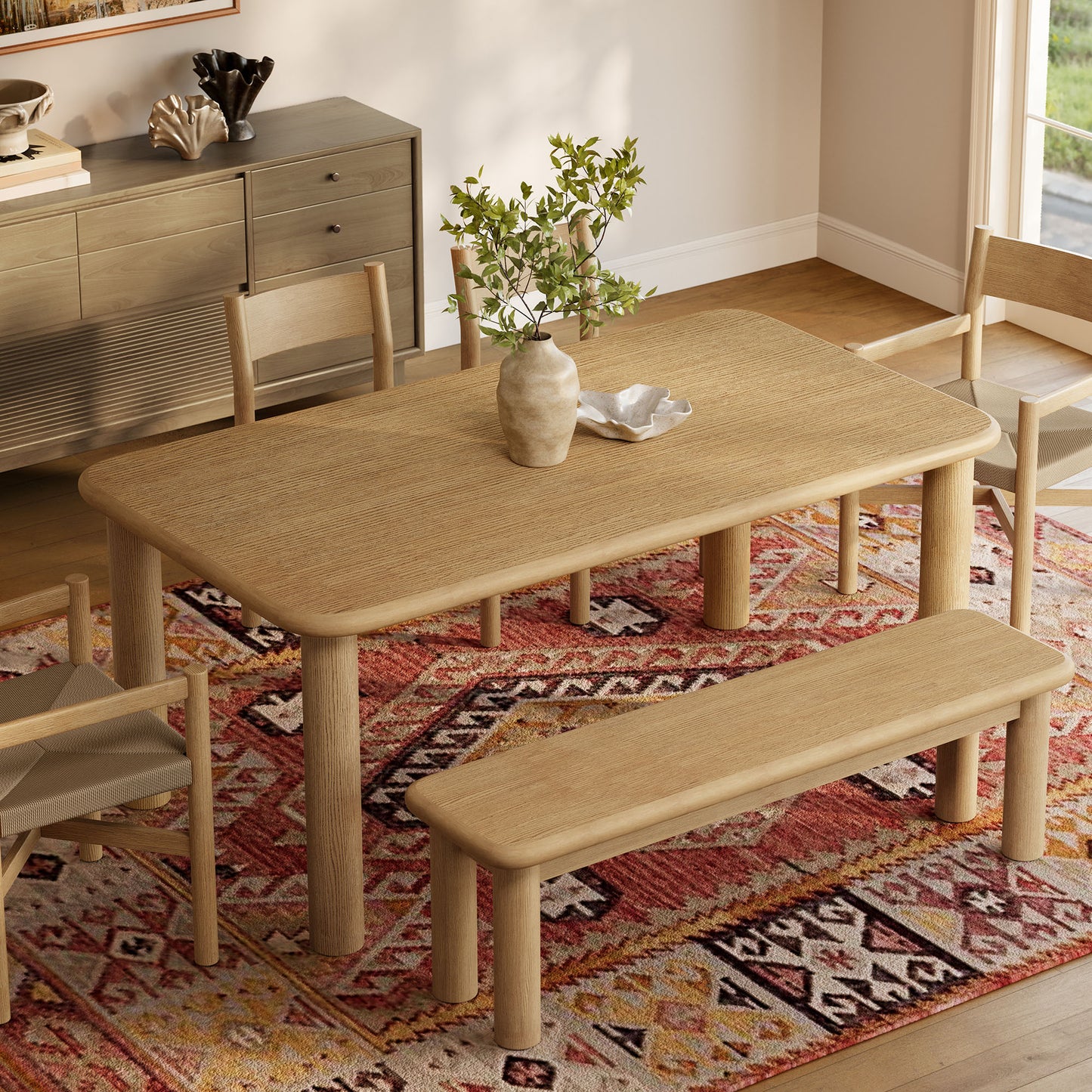 Wells 6-Piece Oak Wood Dining Table and Seating Set in Weathered Oak