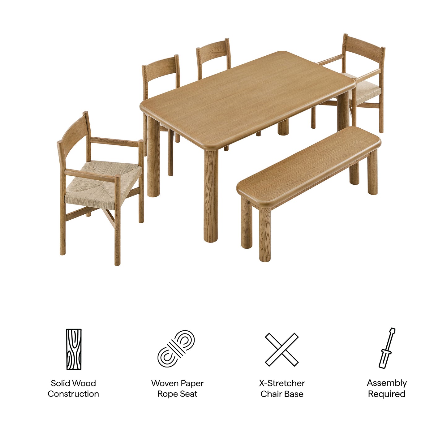 Wells 6-Piece Oak Wood Dining Table and Seating Set in Weathered Oak
