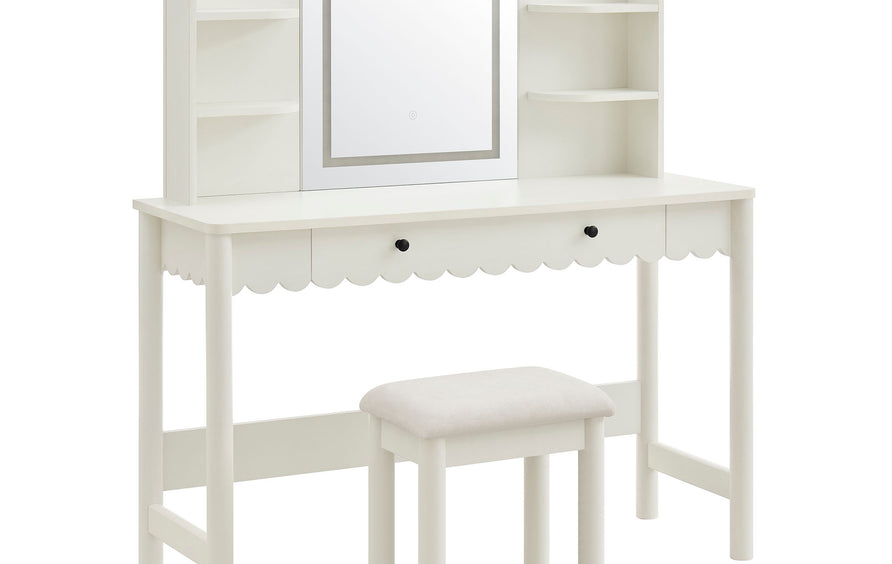 Solstice Scalloped Makeup Vanity Desk With LED Mirror and Stool in White Ivory