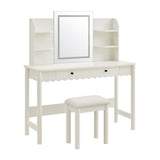 Solstice Scalloped Makeup Vanity Desk With LED Mirror and Stool in White Ivory