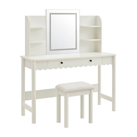 Emmeline Scalloped Makeup Vanity Desk With LED Mirror and Stool in White Ivory