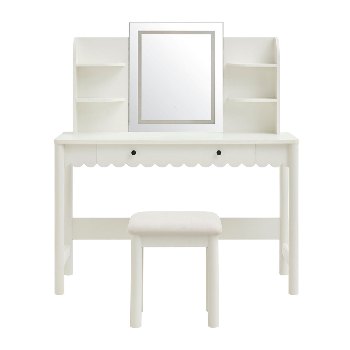 Solstice Scalloped Makeup Vanity Desk With LED Mirror and Stool in White Ivory