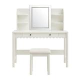 Solstice Scalloped Makeup Vanity Desk With LED Mirror and Stool in White Ivory