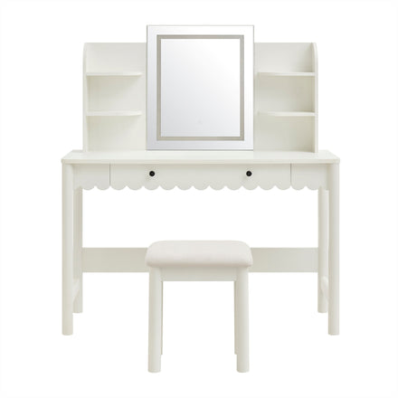 Emmeline Scalloped Makeup Vanity Desk With LED Mirror and Stool in White Ivory