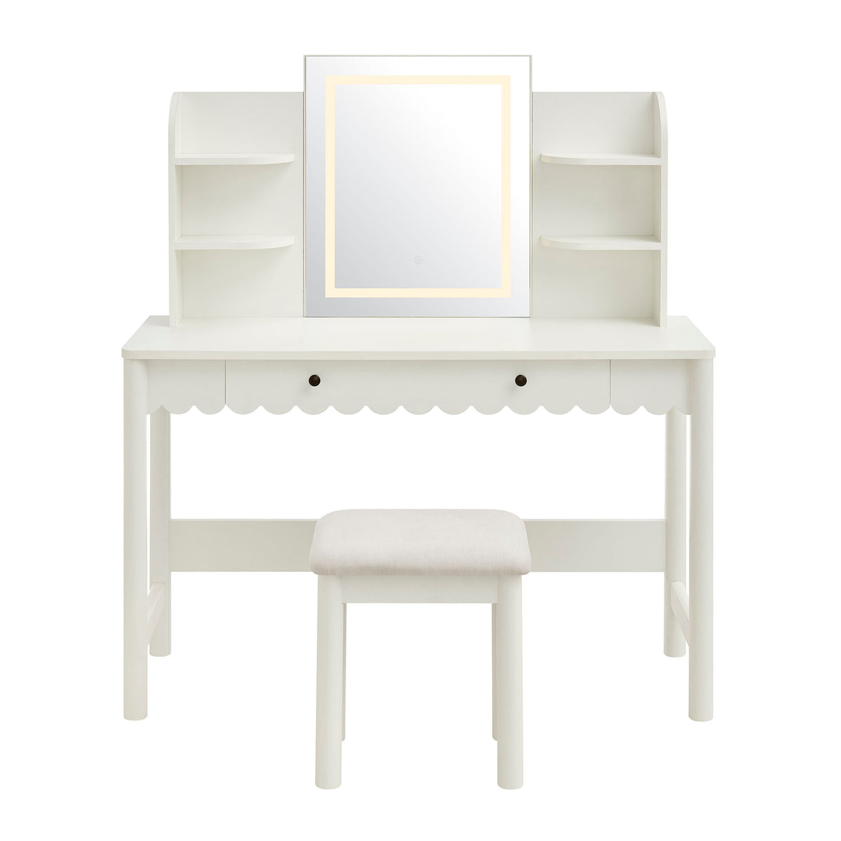 Solstice Scalloped Makeup Vanity Desk With LED Mirror and Stool in White Ivory