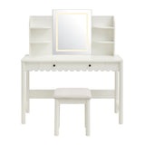 Solstice Scalloped Makeup Vanity Desk With LED Mirror and Stool in White Ivory
