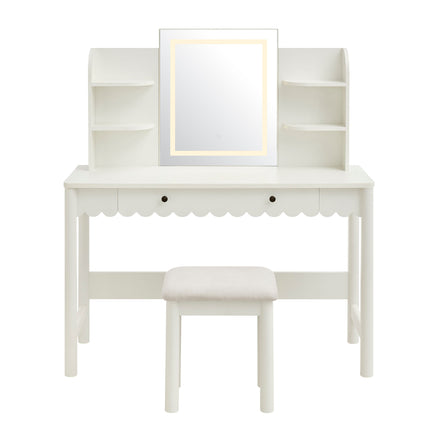 Emmeline Scalloped Makeup Vanity Desk With LED Mirror and Stool in White Ivory