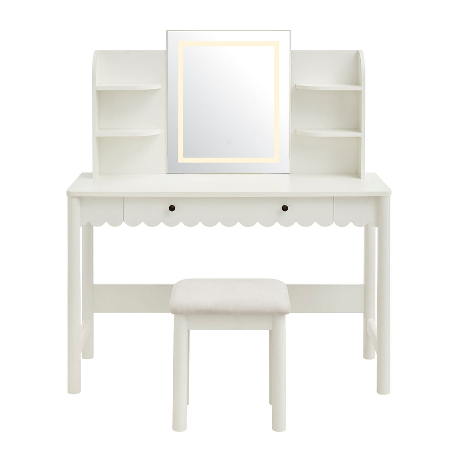 Solstice Scalloped Makeup Vanity Desk With LED Mirror and Stool in White Ivory