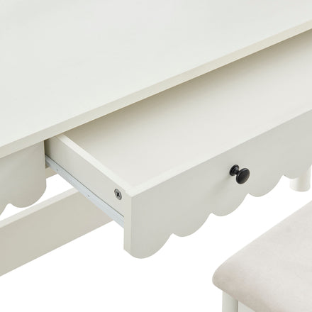 Emmeline Scalloped Makeup Vanity Desk With LED Mirror and Stool in White Ivory